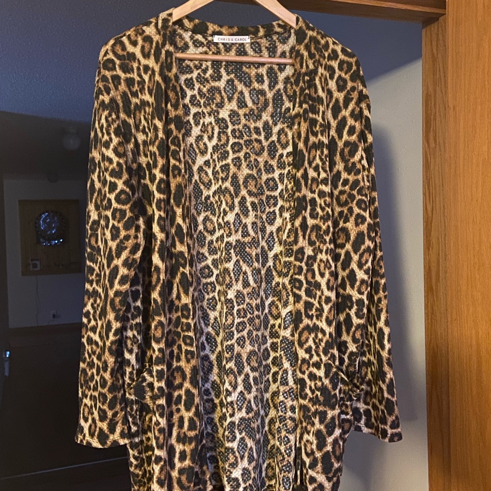 Chris & Carol Leopard Print Waffle Weave Cardigan XL